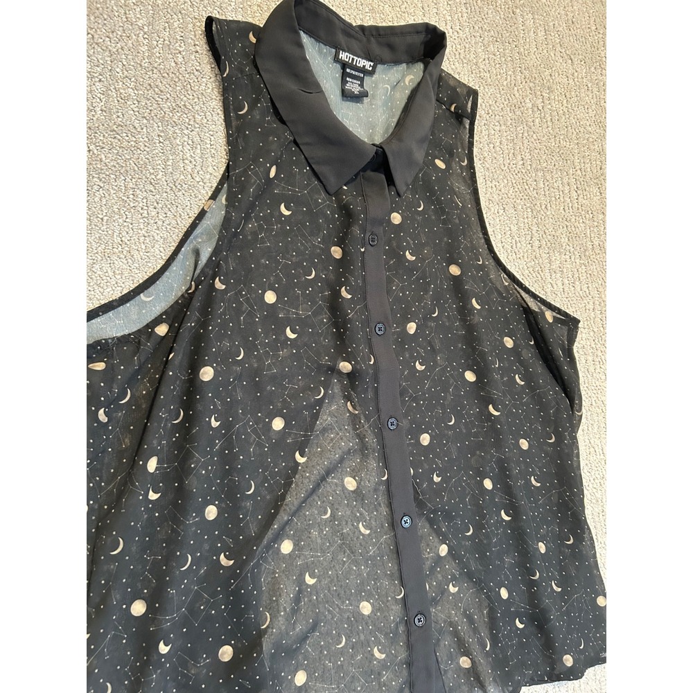 Hot Topic Womens XL Black Celestial Moon Constellation Sheer Split Back Top